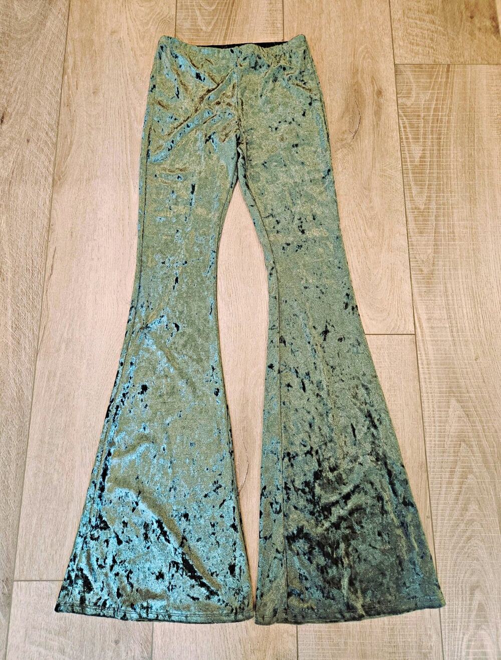 Rodeo Quincy Green Crushed Velvet Flare Pants Small S Fits XS Low Rise Stretchy